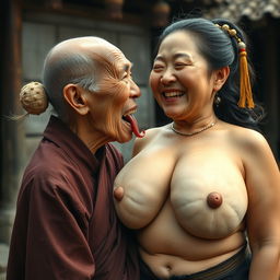 In a medieval Chinese village, an elderly Indonesian woman, very petite and malnourished with rotten teeth, is depicted wearing a long, fully-closed Buddhist robe