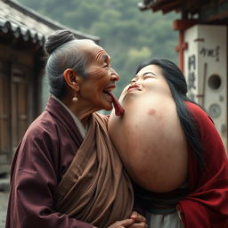 In a medieval Chinese village, an elderly Indonesian woman, very petite and malnourished with rotten teeth, is depicted wearing a long, fully-closed Buddhist robe