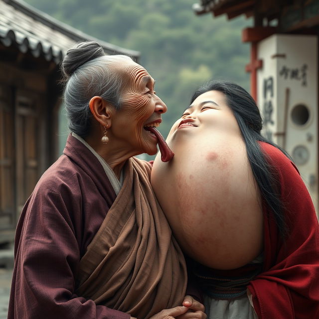 In a medieval Chinese village, an elderly Indonesian woman, very petite and malnourished with rotten teeth, is depicted wearing a long, fully-closed Buddhist robe