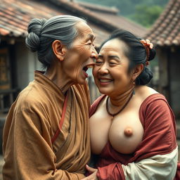 In a medieval Chinese village, an elderly Indonesian woman, very petite and malnourished, with rotten teeth, is depicted wearing a long, fully-closed Buddhist robe
