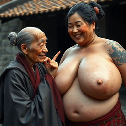 In a medieval Chinese village, an elderly Japanese woman, notably short and emaciated, is depicted wearing a long, fully closed Buddhist cloak, with her hair styled in a bun and adorned with medieval-style earrings