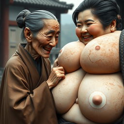 In a medieval Chinese village, an elderly Japanese woman, notably short and emaciated with visible decay on her teeth, is depicted wearing a long, fully closed Buddhist cloak, with her hair styled in a bun and adorned with medieval-style earrings