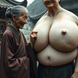 In a medieval Chinese village, an elderly Japanese woman, notably short and emaciated with visible decay on her teeth, is depicted wearing a long, fully closed Buddhist cloak, with her hair styled in a bun and adorned with medieval-style earrings