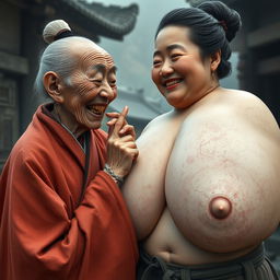 In a medieval Chinese village, an elderly Japanese woman, notably short and emaciated with visible decay on her teeth, is depicted wearing a long, fully closed Buddhist cloak, with her hair styled in a bun and adorned with medieval-style earrings