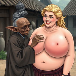 In a medieval village, a short, emaciated elderly Black woman with elf-like ears and showing her decayed teeth is wearing a long, fully enclosed Buddhist robe