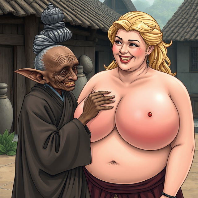 In a medieval village, a short, emaciated elderly Black woman with elf-like ears and showing her decayed teeth is wearing a long, fully enclosed Buddhist robe