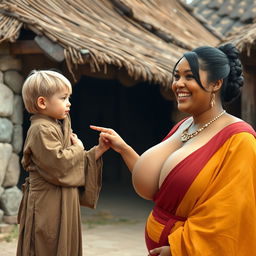 In a medieval village, a young, very short, and undernourished blonde woman is wearing a long, fully closed Buddhist robe, with her medium-length blonde hair parted in the middle