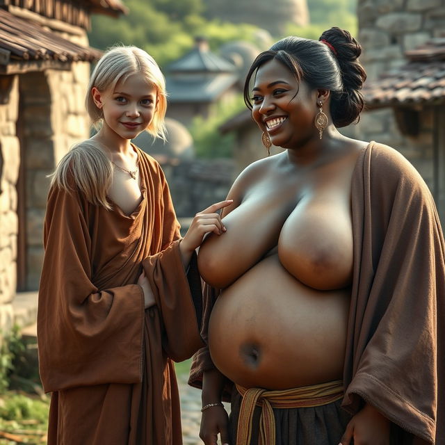 In a medieval village, a young, very short, and undernourished blonde woman is wearing a long, fully closed Buddhist robe, with her medium-length blonde hair parted in the middle