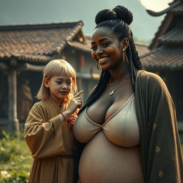 In a medieval village, a young, very short and undernourished blonde woman is depicted wearing a long, fully closed Buddhist robe, with her medium-length blonde hair parted in the middle