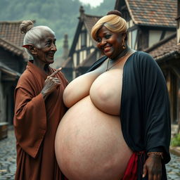 In a medieval village setting, an elderly black woman, very short and undernourished, with dark skin and elf-like ears, shows her rotten teeth while wearing a long, fully-closed Buddhist robe