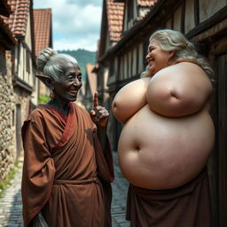 In a medieval village setting, an elderly black woman, very short and undernourished, with dark skin and elf-like ears, shows her rotten teeth while wearing a long, fully-closed Buddhist robe