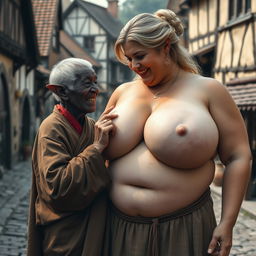 In a medieval village, an elderly black woman, very short and undernourished, has dark skin and elf-like ears
