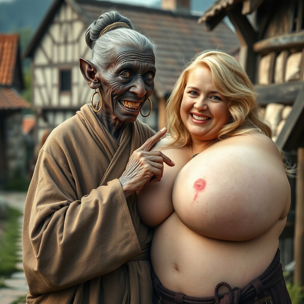 In a medieval village, an elderly black woman, notably short and emaciated with rotten teeth and pointed ears, wears a long, fully closed Buddhist cloak
