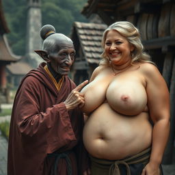 In a medieval village, an elderly black woman, notably short and emaciated with rotten teeth and pointed ears, wears a long, fully closed Buddhist cloak