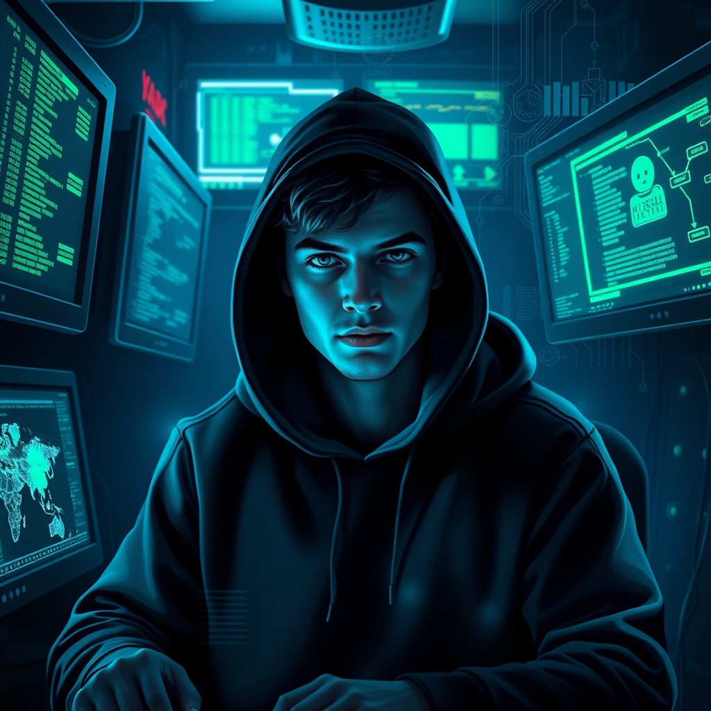 A digital art representation of a hacker in a dark room, illuminated by multiple screens displaying code and graphics
