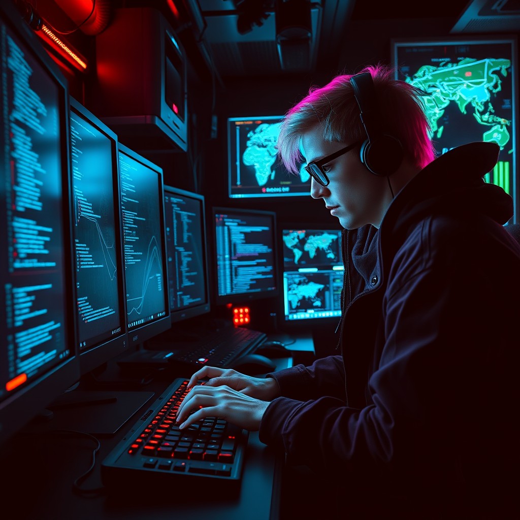A futuristic hacker in a darkened room, illuminated only by multiple computer screens displaying code and digital maps