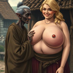 In a medieval village, an elderly black woman, notably short and emaciated with rotten teeth and elfin ears, is dressed in a long, fully closed Buddhist robe