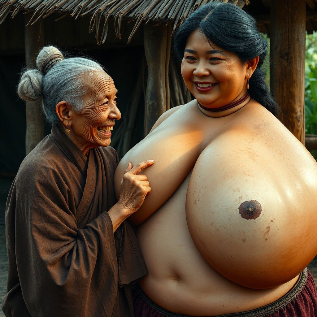 In a medieval Indonesian village, an elderly Indonesian woman, notably short and emaciated with rotten teeth, is dressed in a long, fully closed Buddhist robe