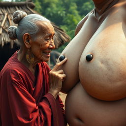 In a medieval Indonesian village, an elderly Indonesian woman, notably short and emaciated with rotten teeth, is dressed in a long, fully closed Buddhist robe