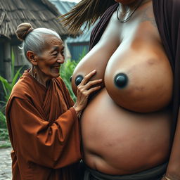 In a medieval Indonesian village, an elderly Indonesian woman, notably short and emaciated with rotten teeth, is dressed in a long, fully closed Buddhist robe