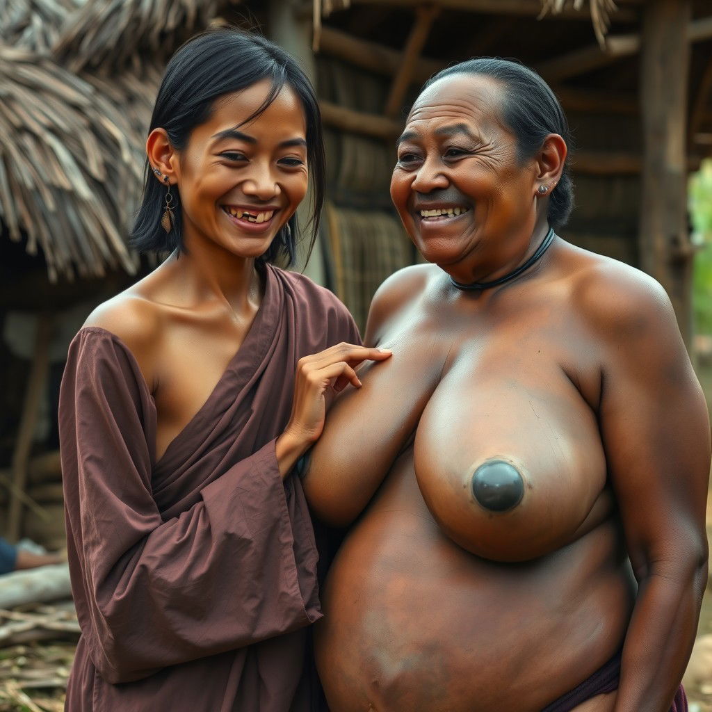 In a medieval Indonesian village, a young Indonesian woman, short and emaciated with rotten teeth, wearing a long, fully closed Buddhist robe, medium-length hair adorned with medieval earrings