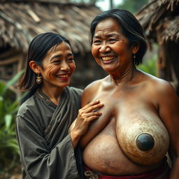 In a medieval Indonesian village, a young Indonesian woman, short and emaciated with rotten teeth, wearing a long, fully closed Buddhist robe, medium-length hair adorned with medieval earrings