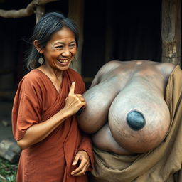 In a medieval Indonesian village, a young Indonesian woman, short and emaciated with rotten teeth, wearing a long, fully closed Buddhist robe, medium-length hair adorned with medieval earrings