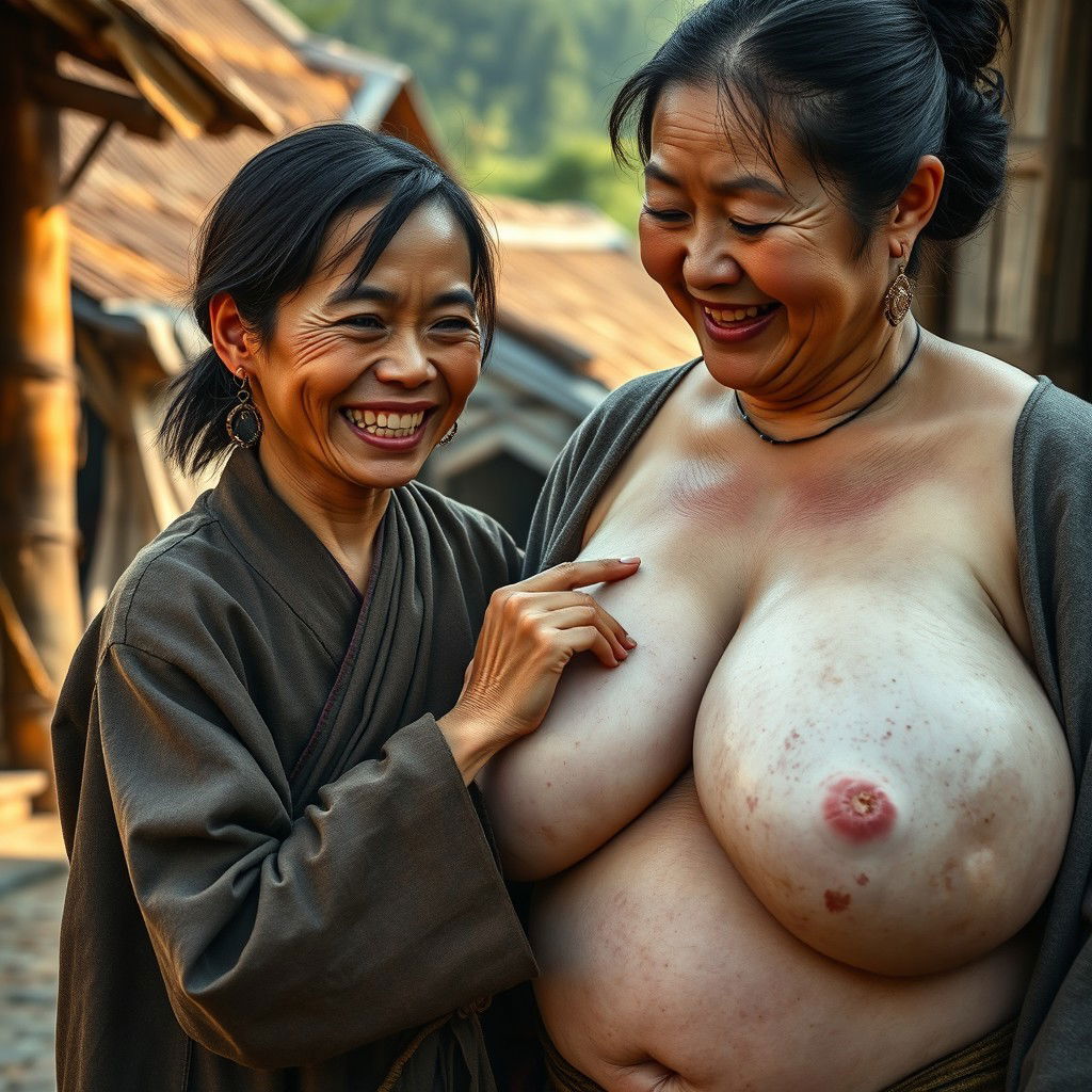 In a medieval village, a young Indonesian woman, short and emaciated with rotten teeth, wearing a long, fully closed Buddhist robe, medium-length hair adorned with medieval earrings