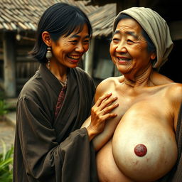 In a medieval village, a young Indonesian woman, short and emaciated with rotten teeth, wearing a long, fully closed Buddhist robe, medium-length hair adorned with medieval earrings