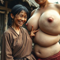 In a medieval village, a young Indonesian woman, short and emaciated with rotten teeth, wearing a long, fully closed Buddhist robe, medium-length hair adorned with medieval earrings