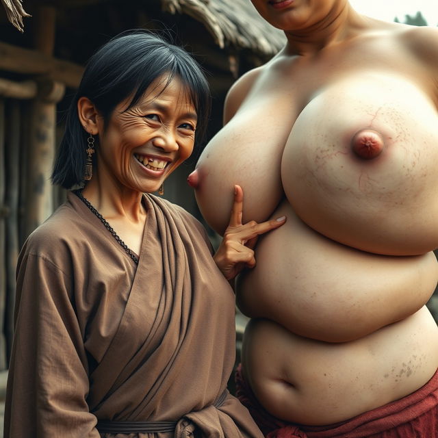 In a medieval village, a young Indonesian woman, short and emaciated with rotten teeth, wearing a long, fully closed Buddhist robe, medium-length hair adorned with medieval earrings