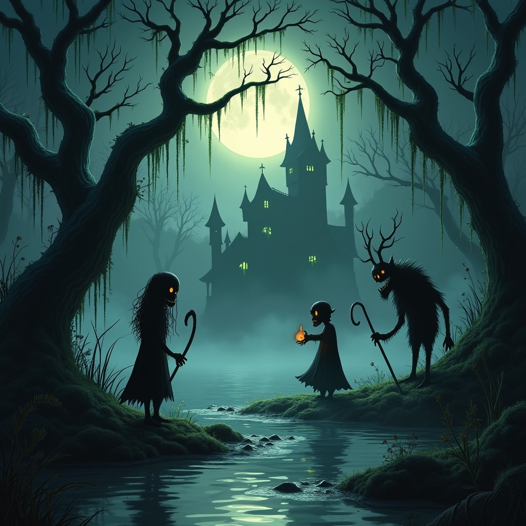 A spooky, haunted swamp scene inspired by the Addams Family, featuring twisted trees with gnarled branches and eerie moss hanging down