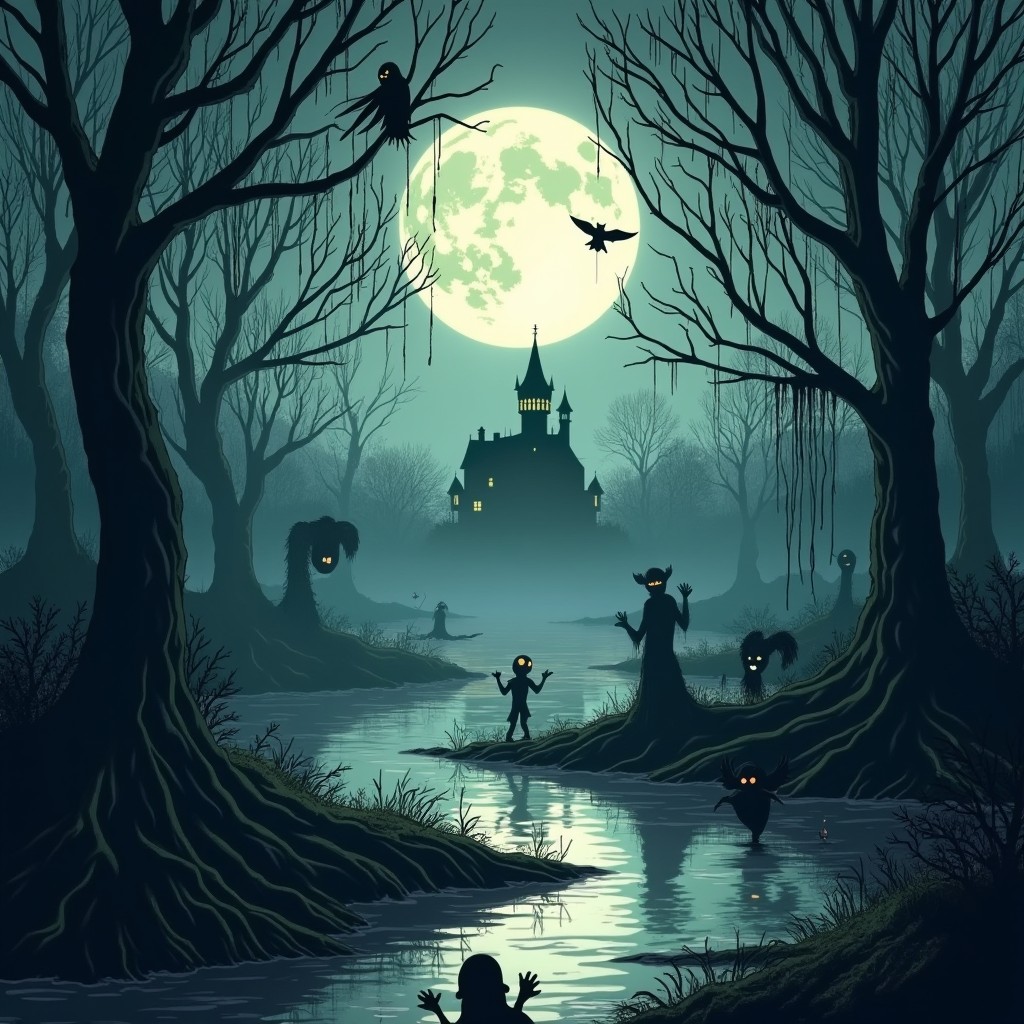 A hauntingly beautiful swamp scene inspired by the Addams Family, featuring twisted, dark trees with eerie, flowing moss