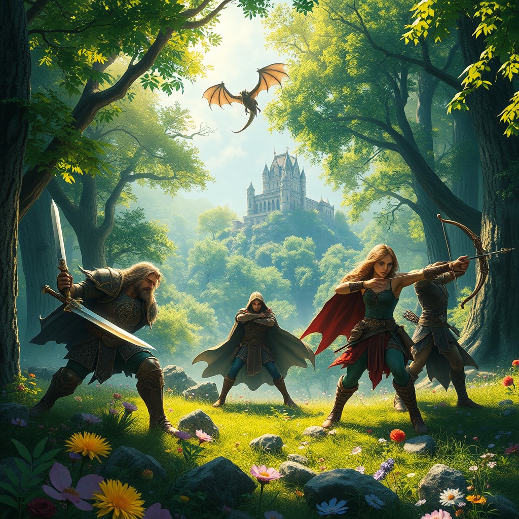 A fantasy adventure scene set in a mystical forest inhabited by mythical creatures such as fairies and elves