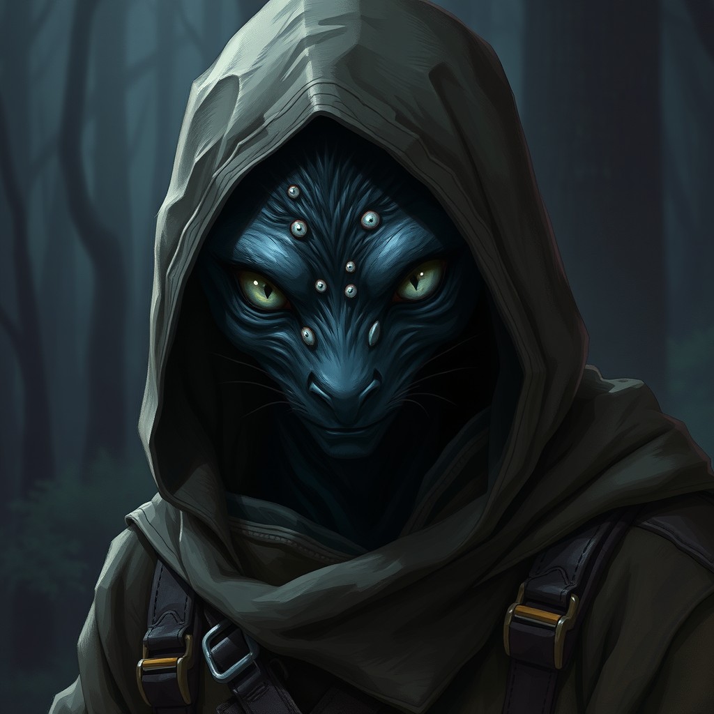 A mysterious character from DnD depicted in travel attire with a hood draped over their head