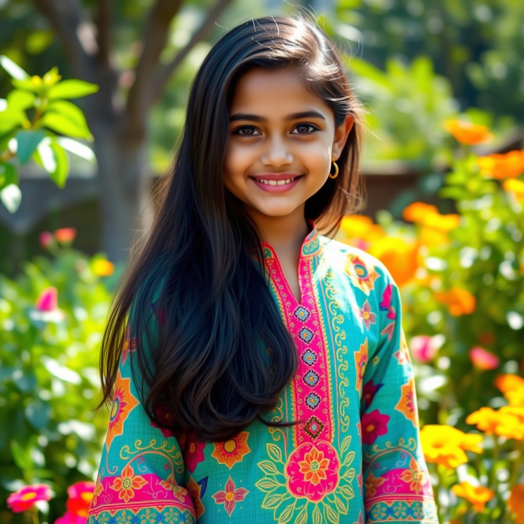 A cute Indian girl aged 22 with long flowing black hair, bright expressive eyes, and a warm smile