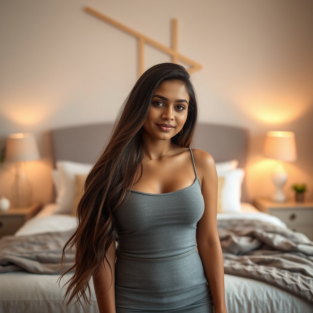 An Indian woman with tan skin, around 24 years old, featuring long, flowing brown hair