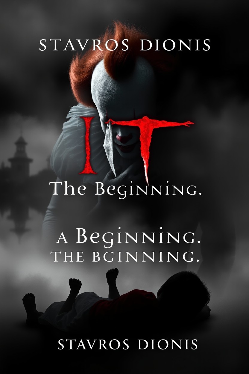 A haunting and eerie book cover design for a novel titled 'It
