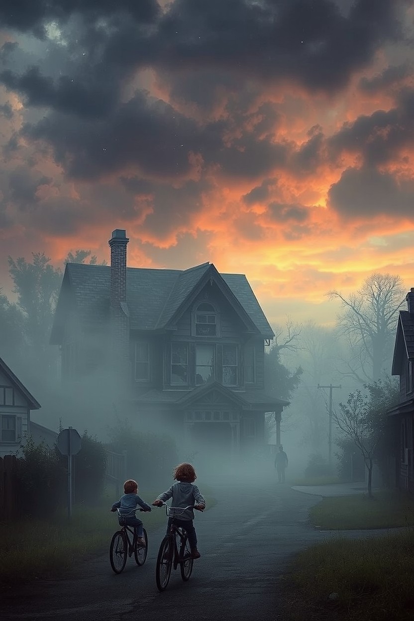 A dark and ominous scene depicting a small, nostalgic town in the 1980s, shrouded in fog