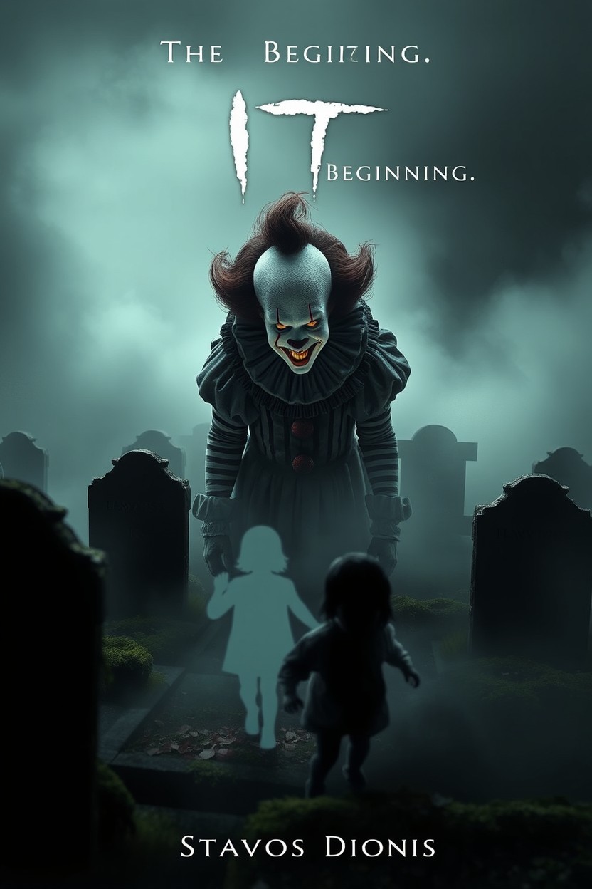 A chilling scene featuring Pennywise the Clown emerging from thick fog in a desolate graveyard