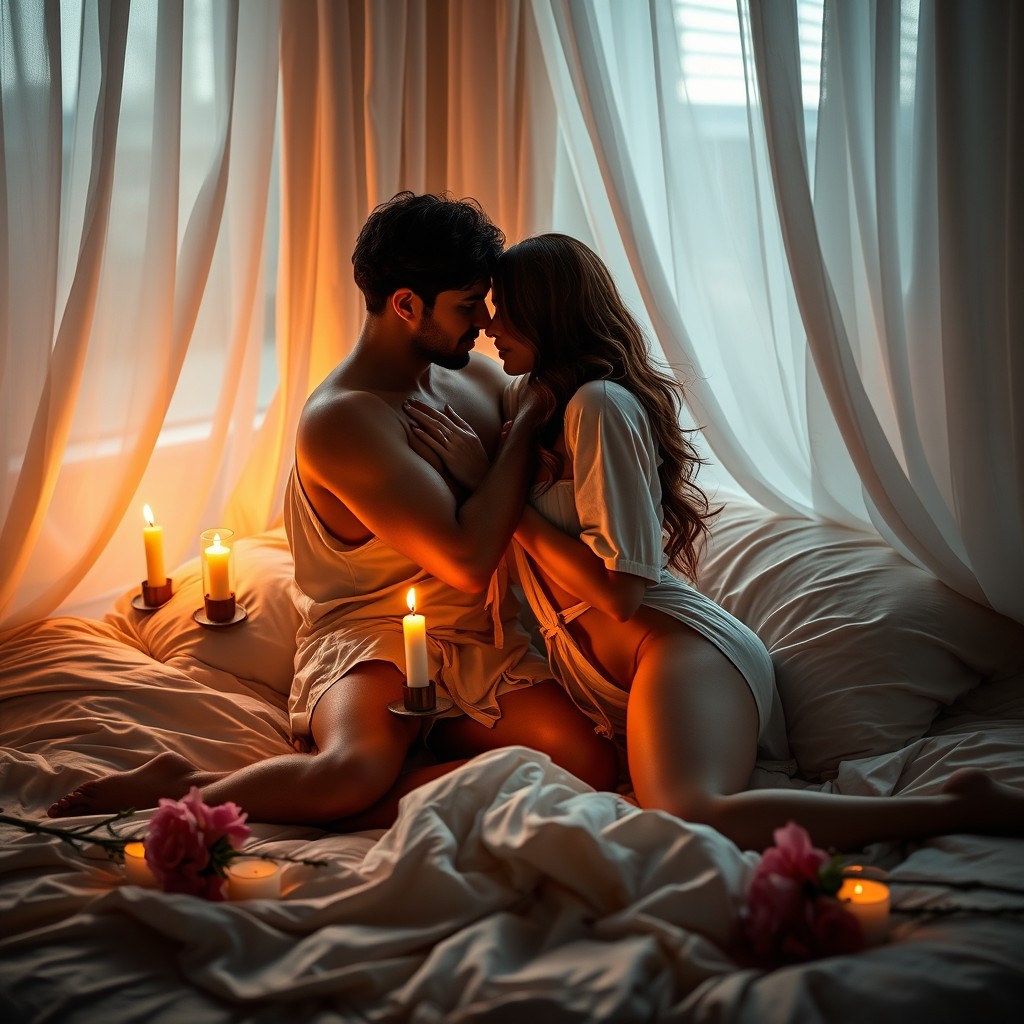 An intimate and sensuous scene showcasing a couple sharing a passionate moment in a cozy, candlelit bedroom