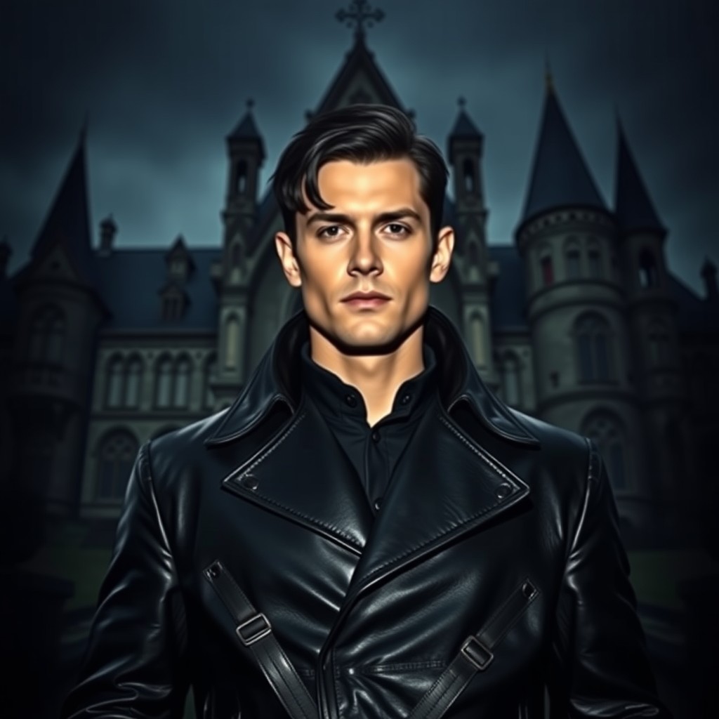 A light-skinned man with black hair dressed in a sleek black leather coat stands confidently in front of a foreboding dark medieval mansion, bathed in dramatic chiaroscuro lighting to enhance the high fantasy atmosphere