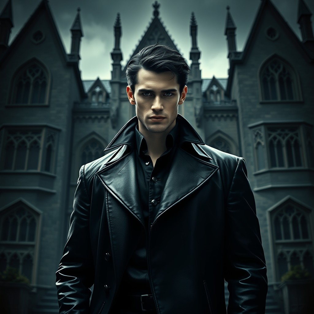 A vampiric, light-skinned man with black hair, dressed in an elegant black leather coat, stands confidently in front of a dark, imposing medieval mansion