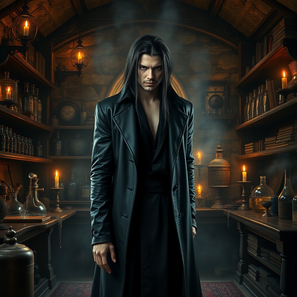 A vampiric, light-skinned man with long black hair, wearing a sleek black leather coat over a dark black tunic, stands in a medieval alchemist's laboratory