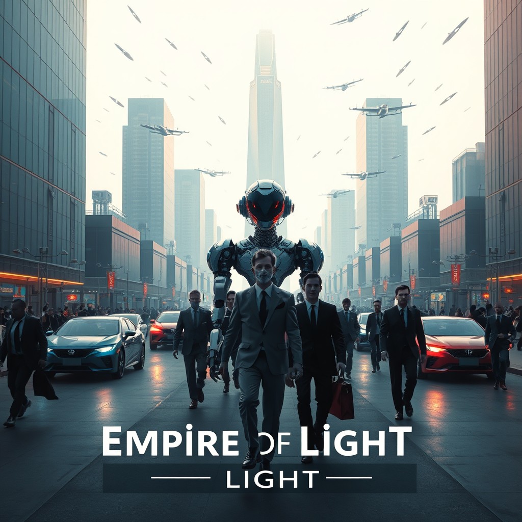 A futuristic city logo for 'Empire of Light' depicted as a dream with a dark truth beneath its beautiful facade