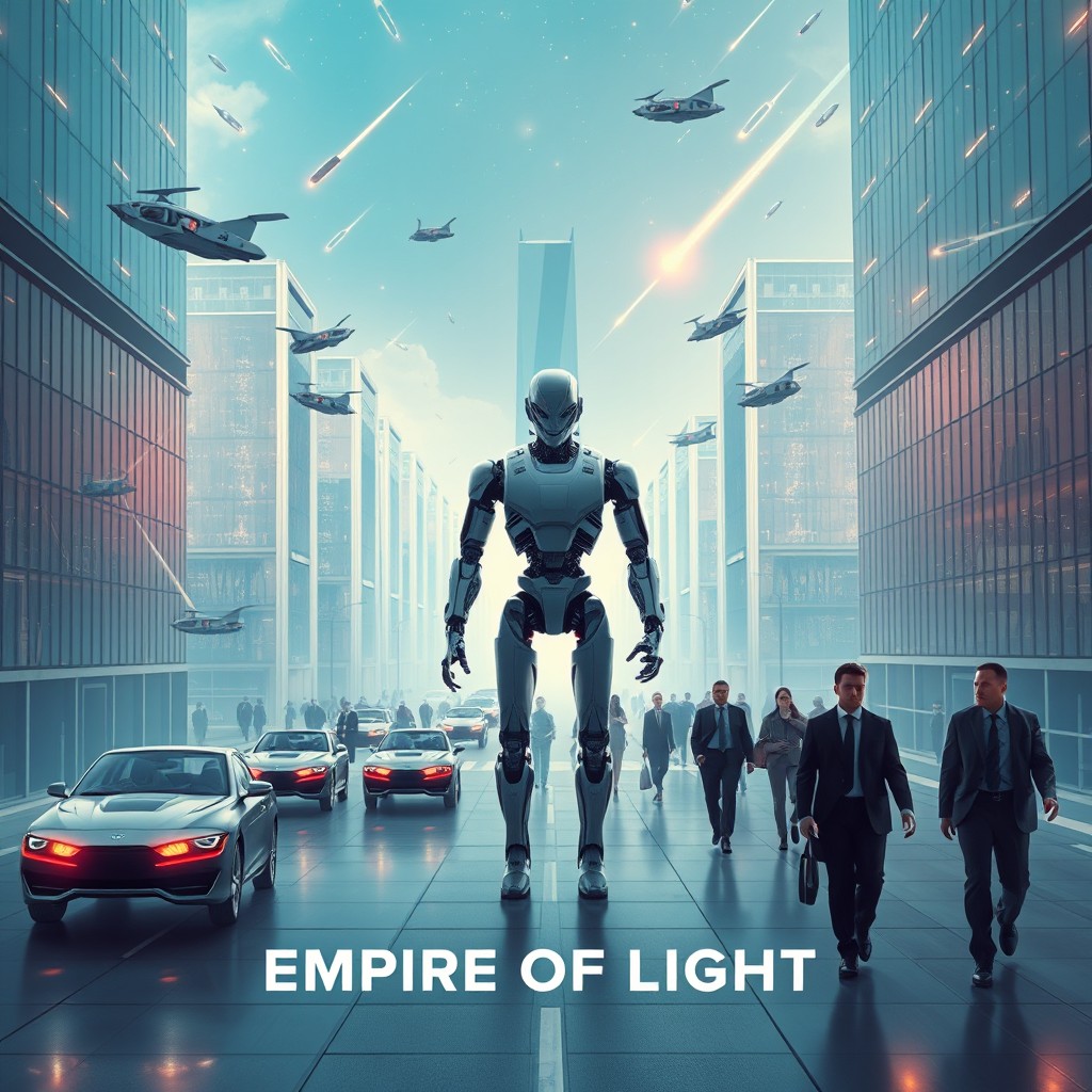 A logo for 'Empire of Light' featuring a futuristic city that appears dreamlike, yet hides a dark truth beneath its beautiful facade