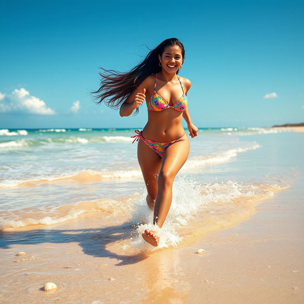 A sexy curvy girl in a vibrant bikini, running joyfully along a sunny beach
