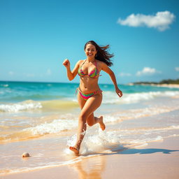 A sexy curvy girl in a vibrant bikini, running joyfully along a sunny beach
