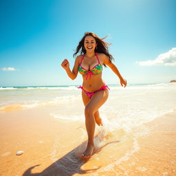 A sexy curvy girl in a vibrant bikini, running joyfully along a sunny beach