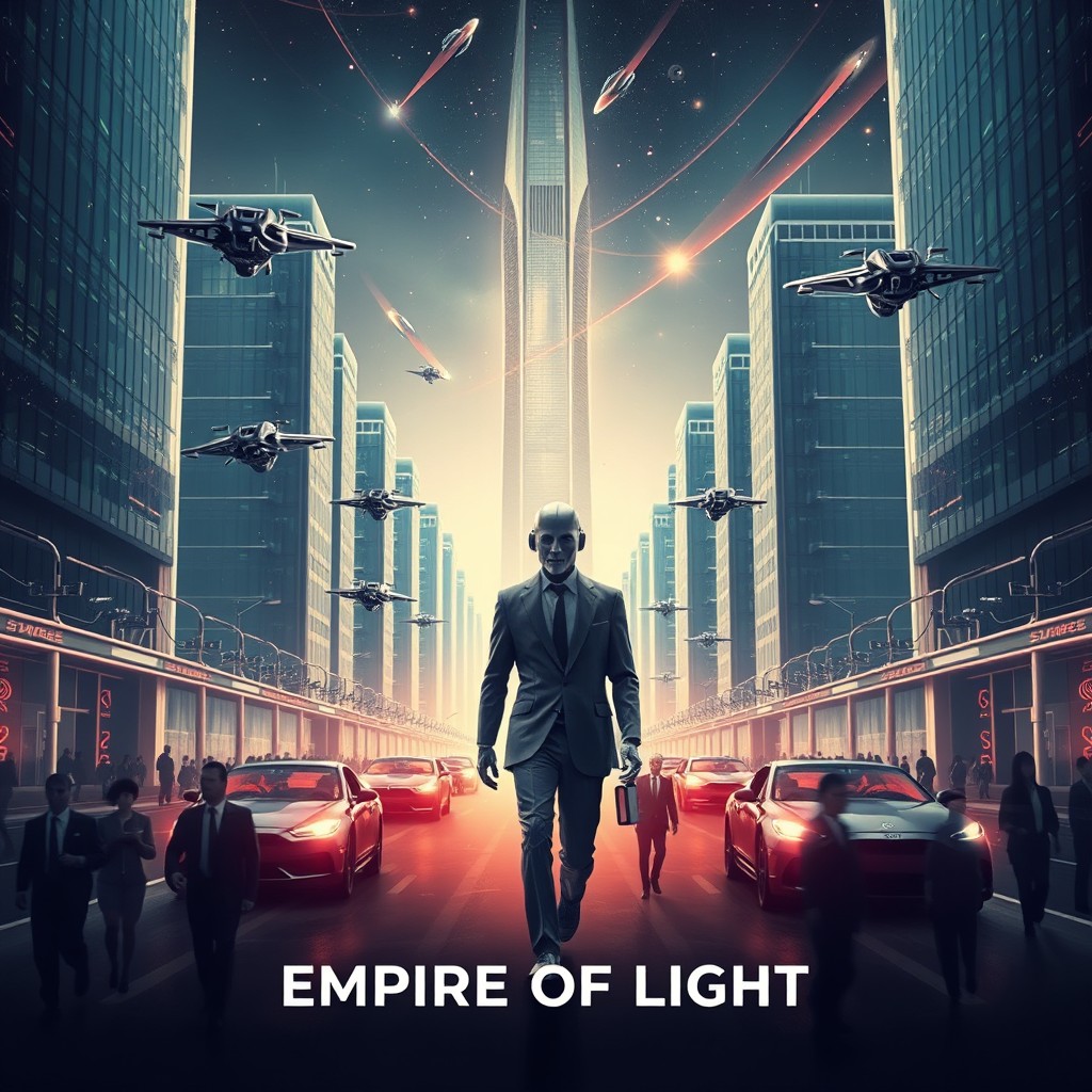 A logo for 'Empire of Light' featuring a futuristic city that appears dreamlike yet conceals a dark truth beneath its beautiful facade